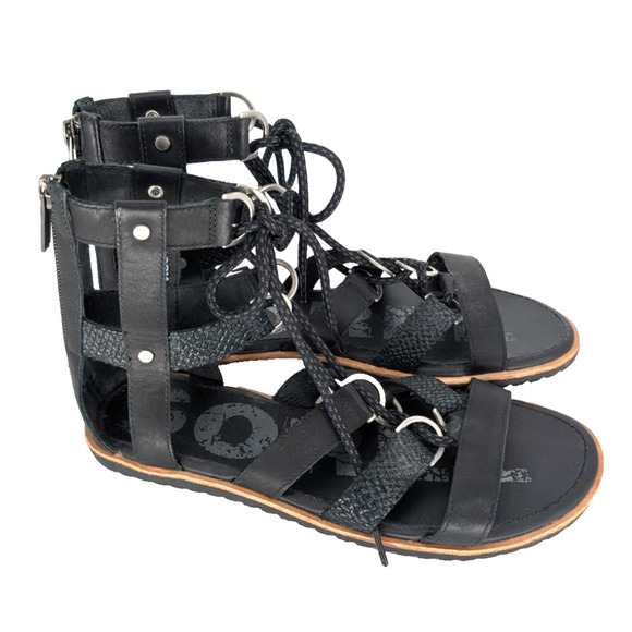 Sorel Ella Womens Black Leather Lace Up Strappy Gladiator Back Zip Flat Sandals - Picture 1 of 11